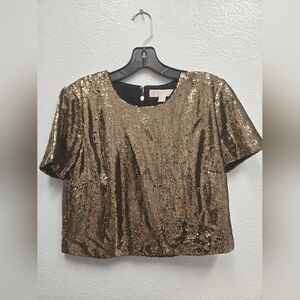 Michael Kors Metallic Gold Sequin Crop Top | Back Zip | Size M